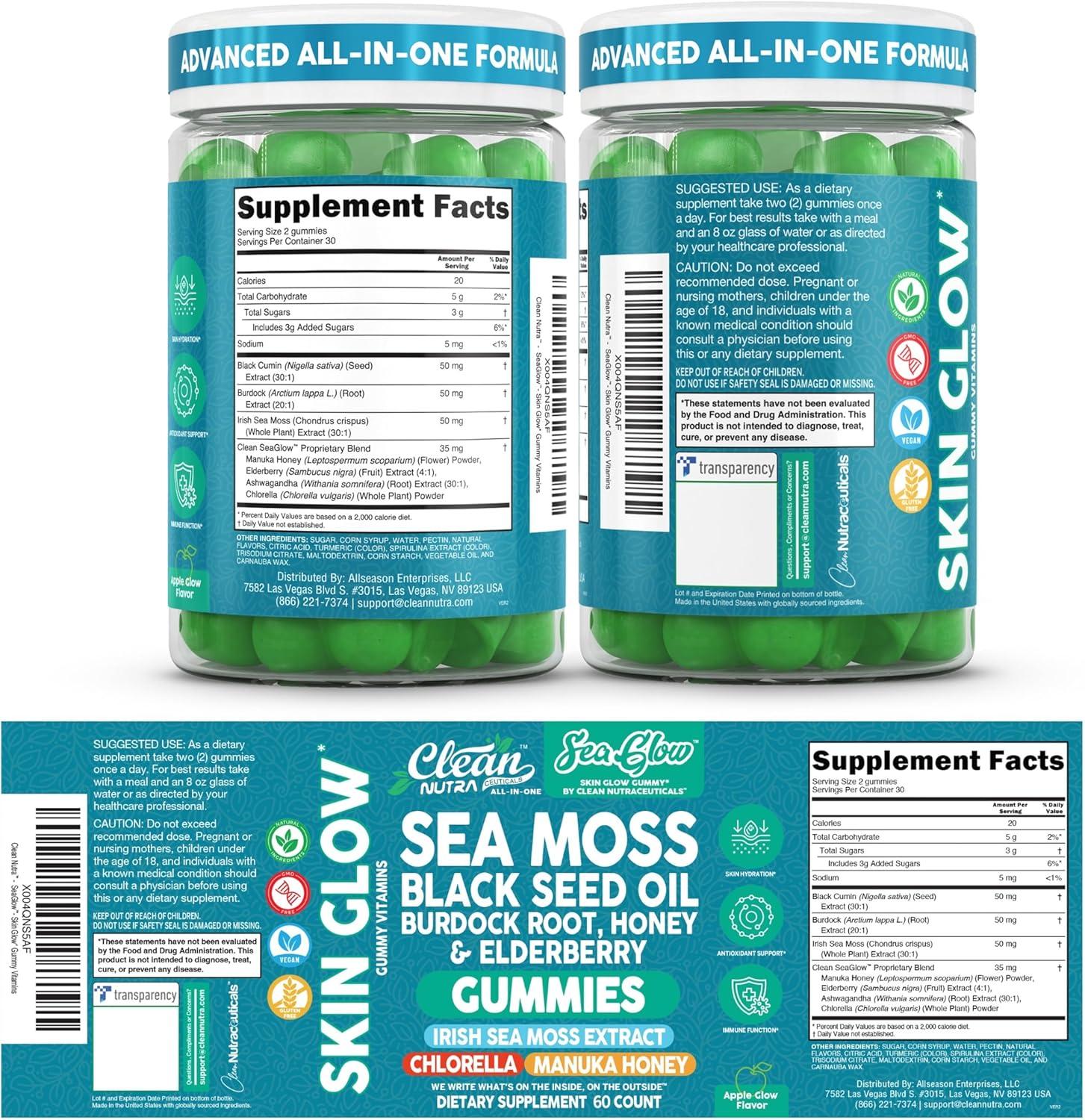 image:imageClean Nutra Sea Moss Gummies Black Seed Oil Chlorella Ashwagandha Root Hair Growth Skin Glow Irish Sea Moss Elderberry Burdock Manuka Honey Trace Minerals Detox 60 Gummy Vitamins Sea Glow Supplement