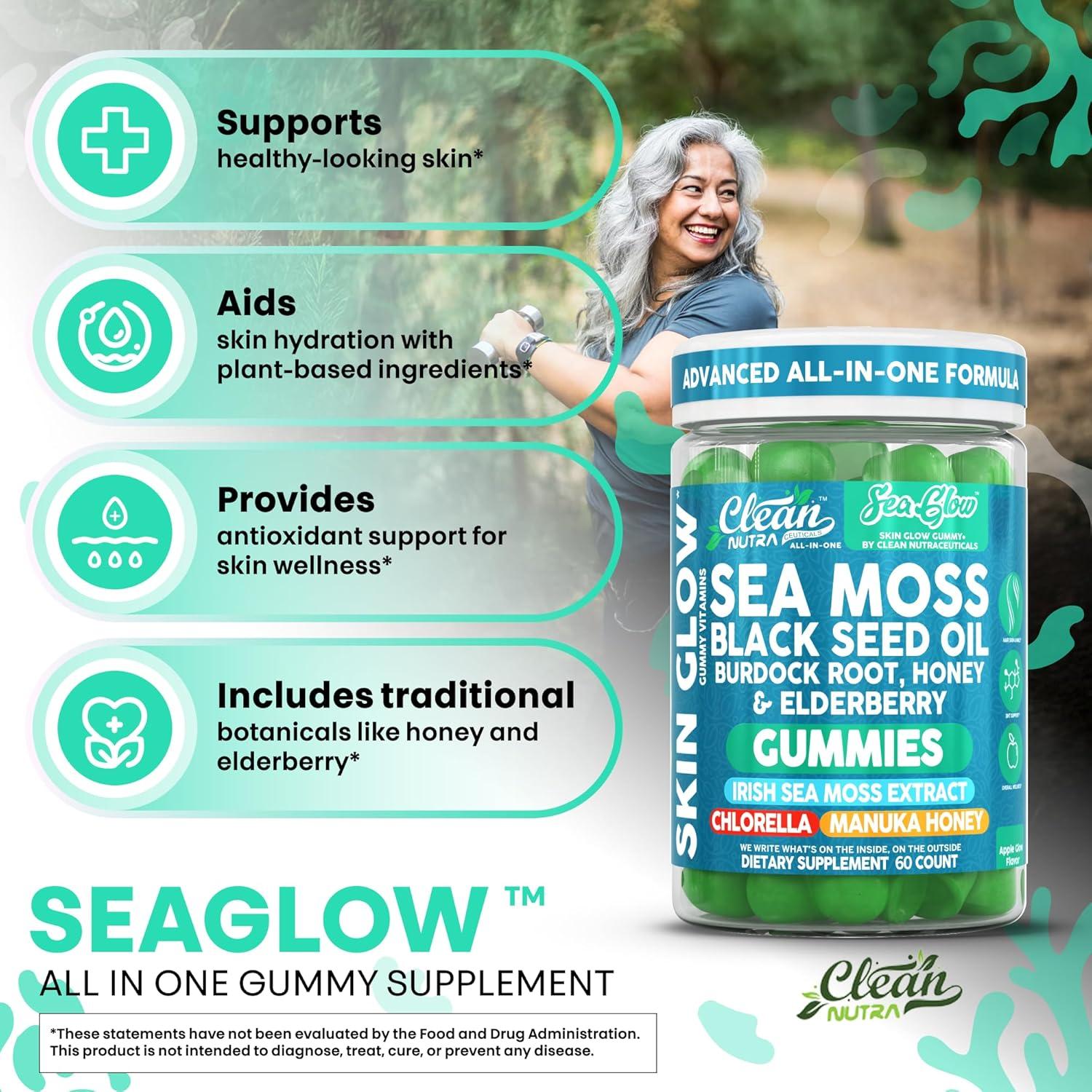image:imageClean Nutra Sea Moss Gummies Black Seed Oil Chlorella Ashwagandha Root Hair Growth Skin Glow Irish Sea Moss Elderberry Burdock Manuka Honey Trace Minerals Detox 60 Gummy Vitamins Sea Glow Supplement