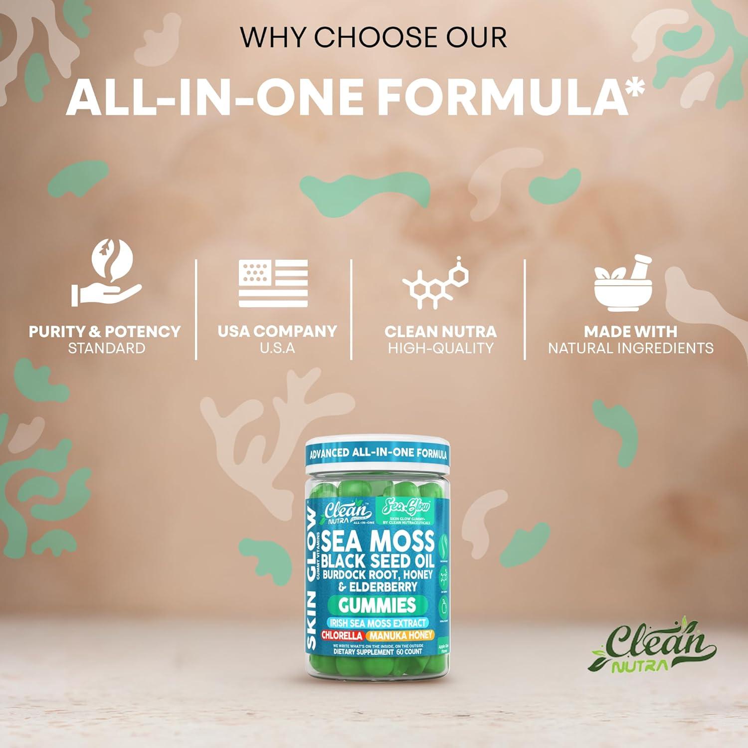 image:imageClean Nutra Sea Moss Gummies Black Seed Oil Chlorella Ashwagandha Root Hair Growth Skin Glow Irish Sea Moss Elderberry Burdock Manuka Honey Trace Minerals Detox 60 Gummy Vitamins Sea Glow Supplement