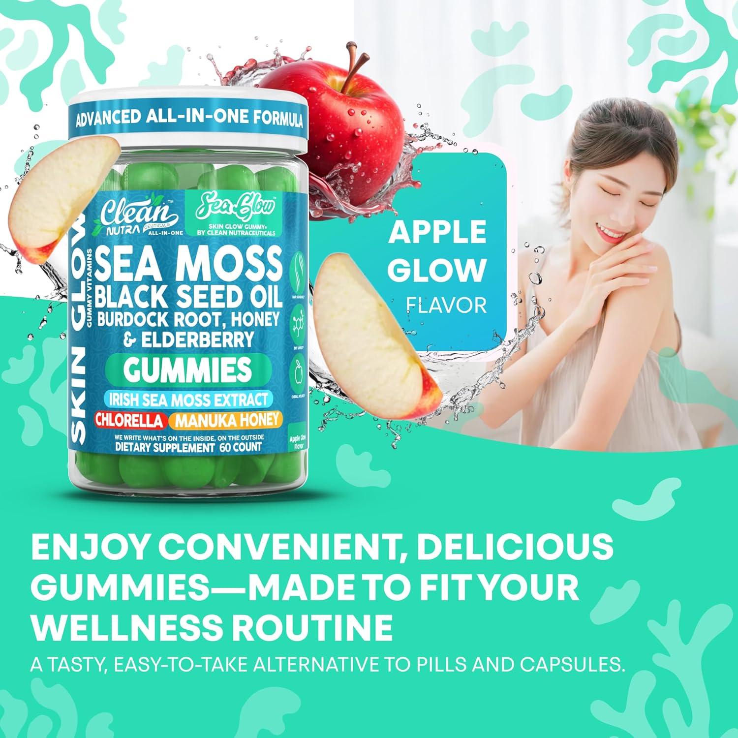 image:imageClean Nutra Sea Moss Gummies Black Seed Oil Chlorella Ashwagandha Root Hair Growth Skin Glow Irish Sea Moss Elderberry Burdock Manuka Honey Trace Minerals Detox 60 Gummy Vitamins Sea Glow Supplement