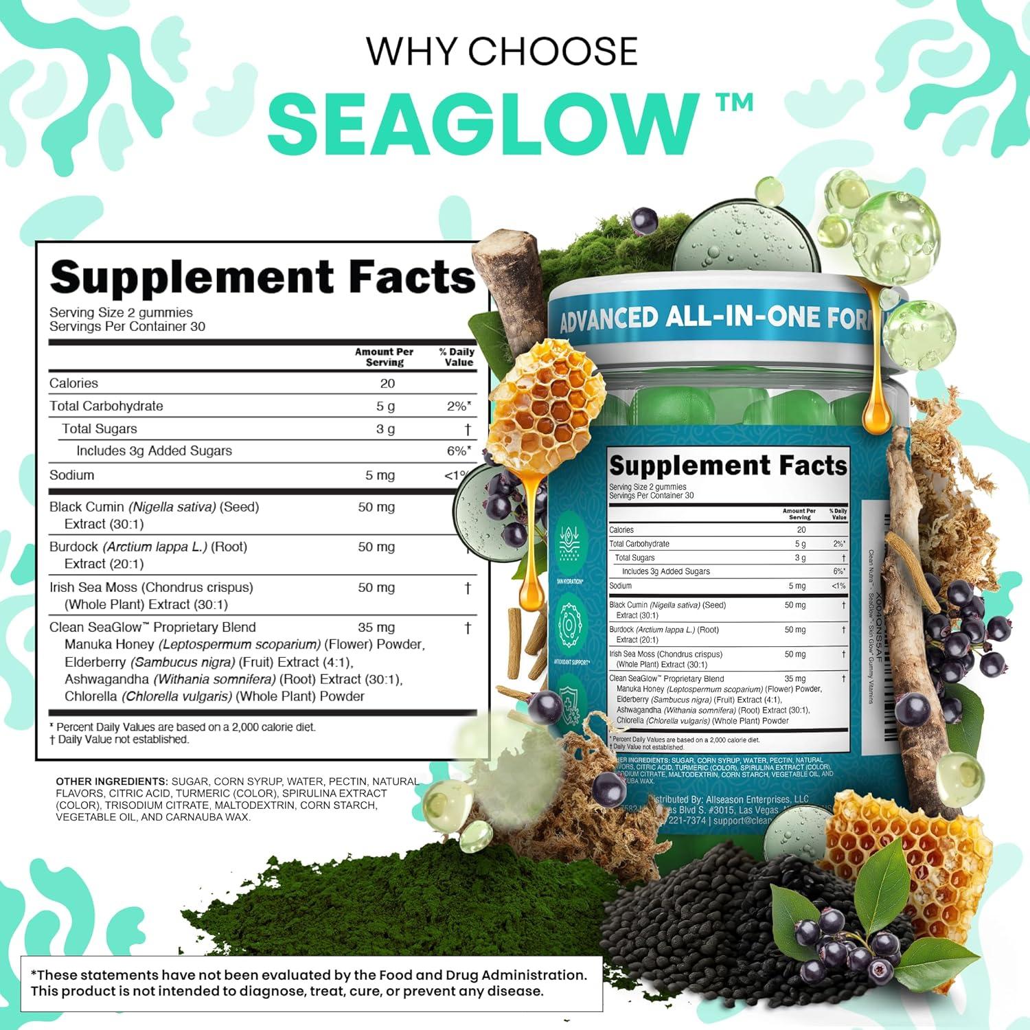 image:imageClean Nutra Sea Moss Gummies Black Seed Oil Chlorella Ashwagandha Root Hair Growth Skin Glow Irish Sea Moss Elderberry Burdock Manuka Honey Trace Minerals Detox 60 Gummy Vitamins Sea Glow Supplement