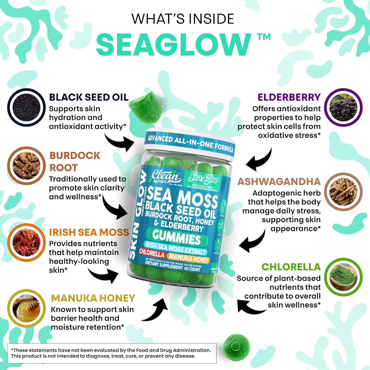 image:imageClean Nutra Sea Moss Gummies Black Seed Oil Chlorella Ashwagandha Root Hair Growth Skin Glow Irish Sea Moss Elderberry Burdock Manuka Honey Trace Minerals Detox 60 Gummy Vitamins Sea Glow Supplement