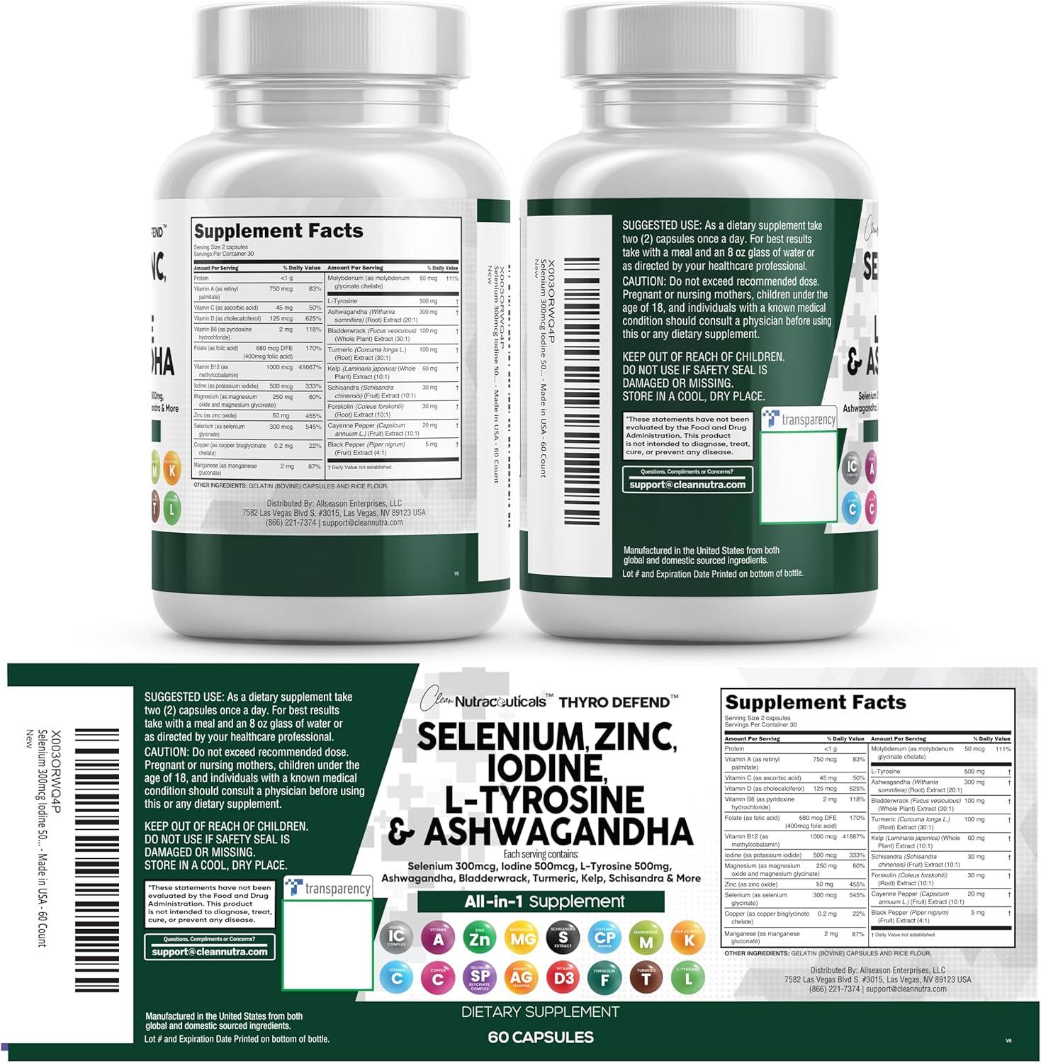 image:imageClean Nutra Selenium 300mcg Iodine 500mcg Thyroid Support for Women amp Men L Tyrosine 500mg Ashwagandha Supplement Bladderwrack Turmeric Kelp Schisandra Zinc Pills Capsule Supplements60 Count Pack of 1