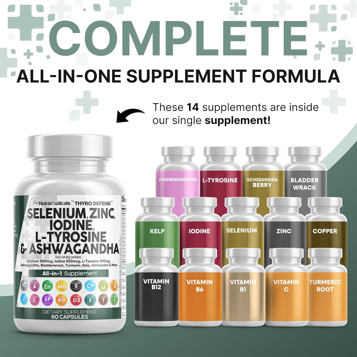 image:imageClean Nutra Selenium 300mcg Iodine 500mcg Thyroid Support for Women amp Men L Tyrosine 500mg Ashwagandha Supplement Bladderwrack Turmeric Kelp Schisandra Zinc Pills Capsule Supplements60 Count Pack of 2