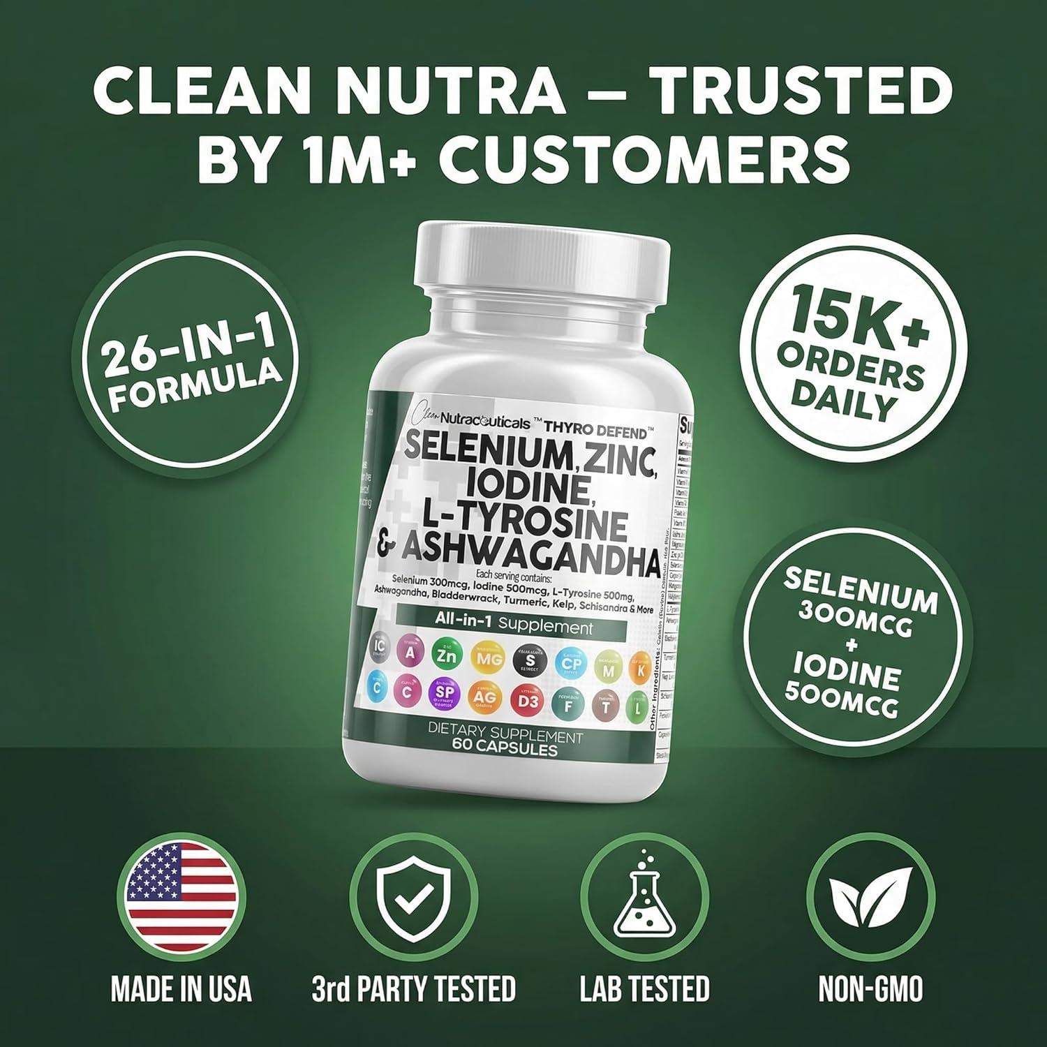 image:imageClean Nutra Selenium 300mcg Iodine 500mcg Thyroid Support for Women amp Men L Tyrosine 500mg Ashwagandha Supplement Bladderwrack Turmeric Kelp Schisandra Zinc Pills Capsule Supplements60 Count Pack of 1