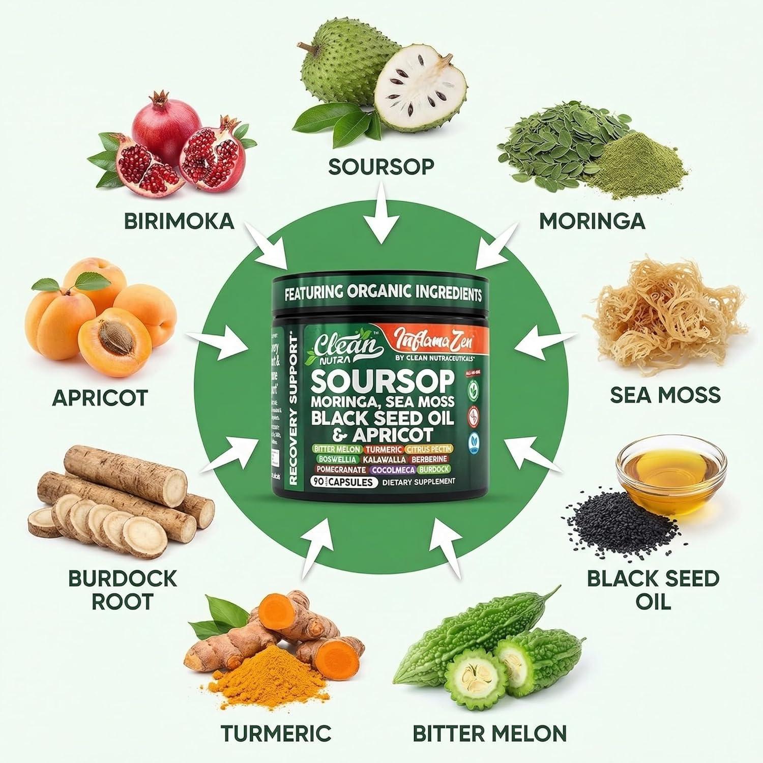 image:imageClean Nutra Soursop Supplement Moringa Sea Moss Black Seed Oil Berberine Turmeric Resveratrol Quercetin Greens Bitters Boswellia Bitter Melon Burdock Root Antioxidant Support 90 Capsules