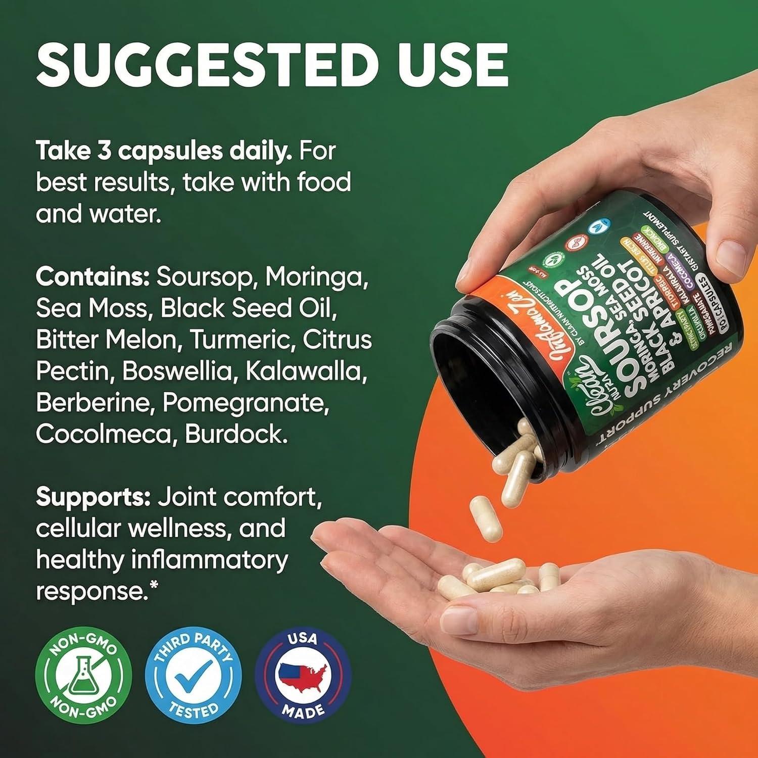 image:imageClean Nutra Soursop Supplement Moringa Sea Moss Black Seed Oil Berberine Turmeric Resveratrol Quercetin Greens Bitters Boswellia Bitter Melon Burdock Root Antioxidant Support 90 Capsules