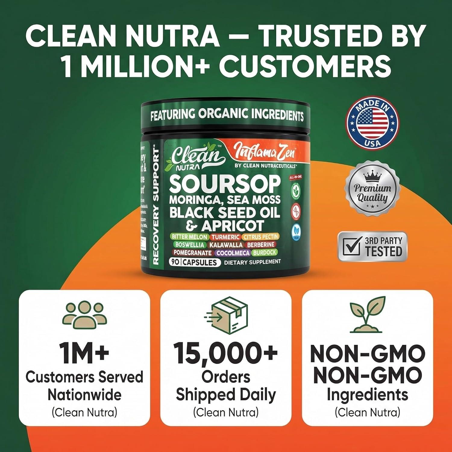 image:imageClean Nutra Soursop Supplement Moringa Sea Moss Black Seed Oil Berberine Turmeric Resveratrol Quercetin Greens Bitters Boswellia Bitter Melon Burdock Root Antioxidant Support 90 Capsules