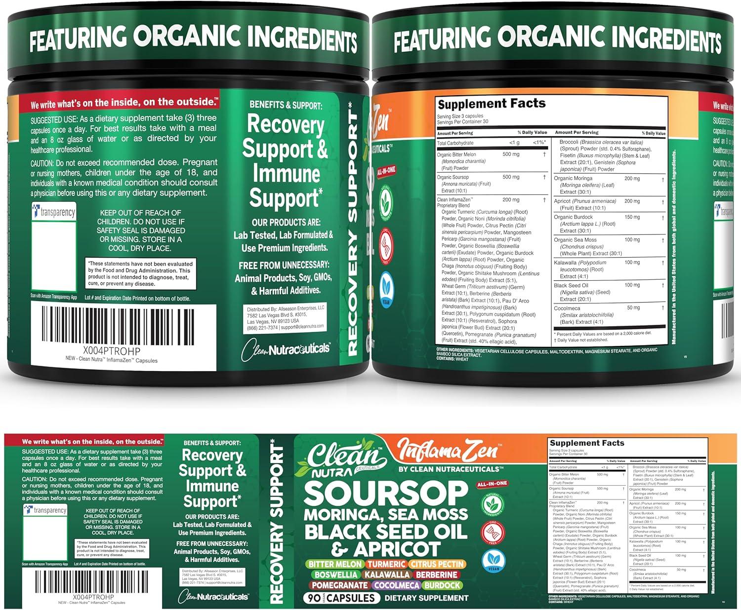 image:imageClean Nutra Soursop Supplement Moringa Sea Moss Black Seed Oil Berberine Turmeric Resveratrol Quercetin Greens Bitters Boswellia Bitter Melon Burdock Root Antioxidant Support 90 Capsules
