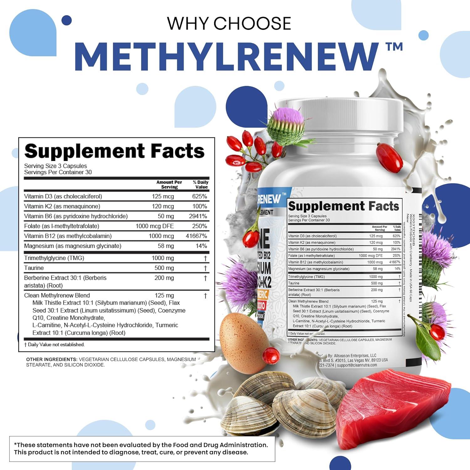 image:imageClean Nutra TMG Supplements 1000mg Methylated Multivitamin for Women Men Taurine B6 Vitamins B12 D3 K2 Trimethylglycine Magnesium Methylfolate Milk Thistle NAC COQ10 B Supplement Complex Capsules