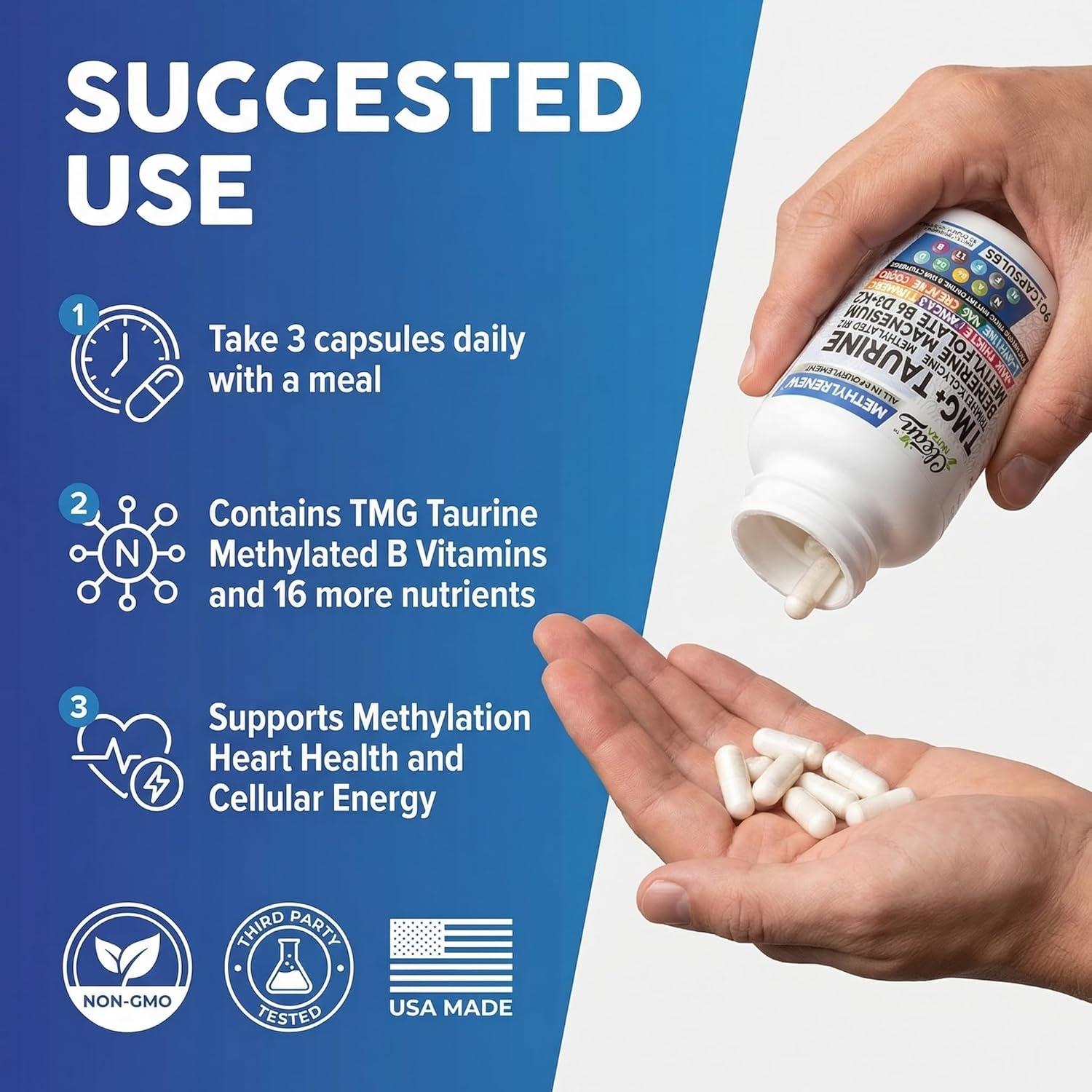 image:imageClean Nutra TMG Supplements 1000mg Methylated Multivitamin for Women Men Taurine B6 Vitamins B12 D3 K2 Trimethylglycine Magnesium Methylfolate Milk Thistle NAC COQ10 B Supplement Complex Capsules