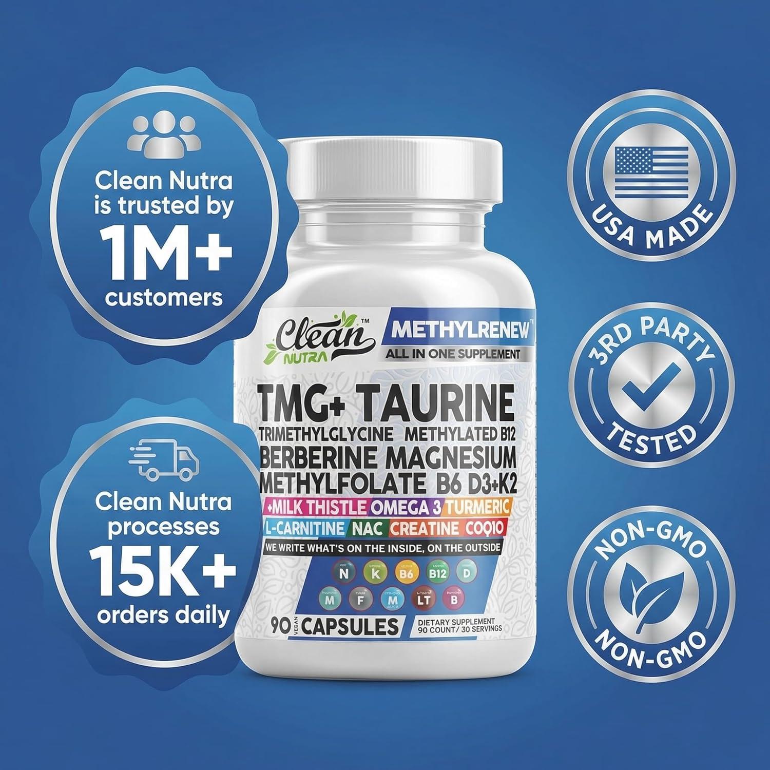 image:imageClean Nutra TMG Supplements 1000mg Methylated Multivitamin for Women Men Taurine B6 Vitamins B12 D3 K2 Trimethylglycine Magnesium Methylfolate Milk Thistle NAC COQ10 B Supplement Complex Capsules
