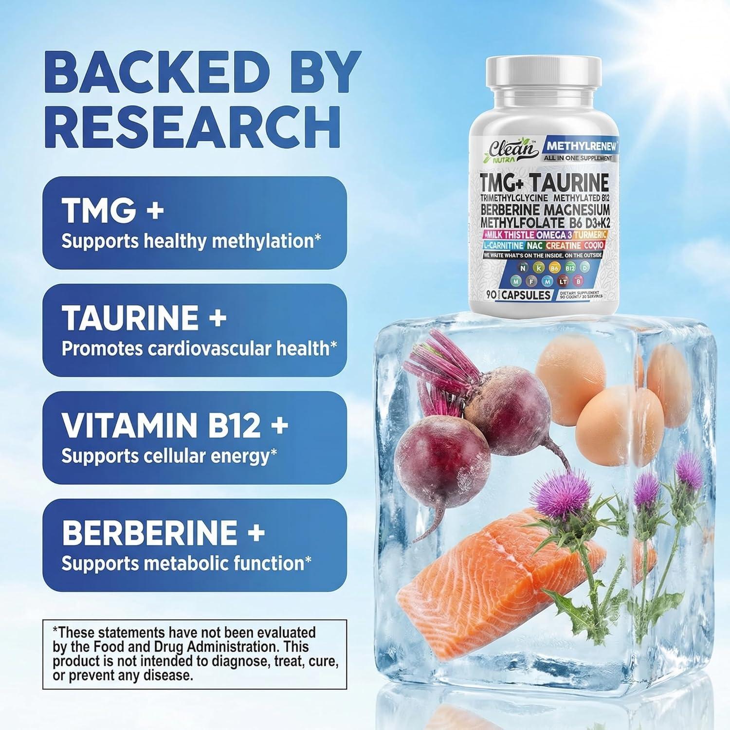 image:imageClean Nutra TMG Supplements 1000mg Methylated Multivitamin for Women Men Taurine B6 Vitamins B12 D3 K2 Trimethylglycine Magnesium Methylfolate Milk Thistle NAC COQ10 B Supplement Complex Capsules