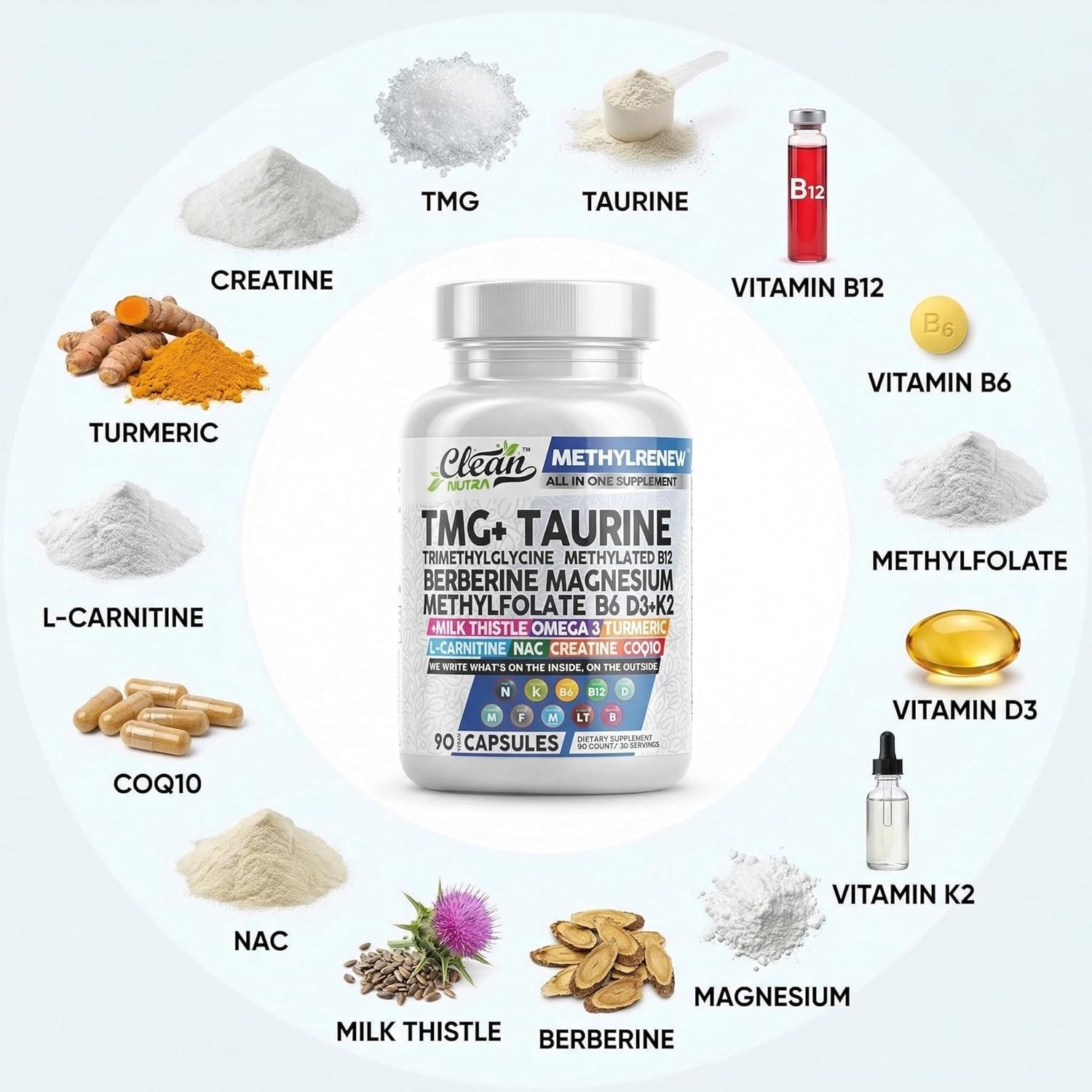image:imageClean Nutra TMG Supplements 1000mg Methylated Multivitamin for Women Men Taurine B6 Vitamins B12 D3 K2 Trimethylglycine Magnesium Methylfolate Milk Thistle NAC COQ10 B Supplement Complex Capsules