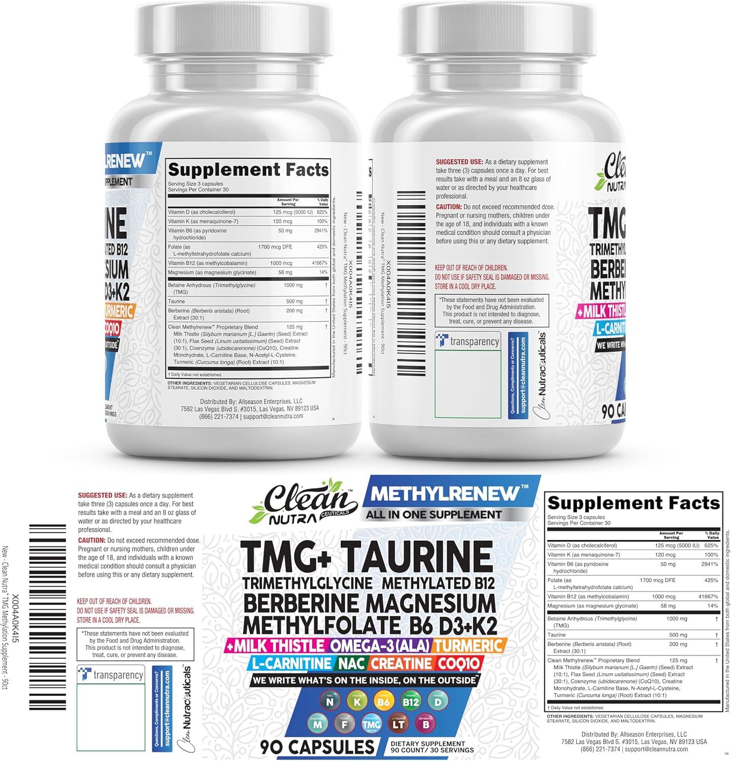 image:imageClean Nutra TMG Supplements 1000mg Methylated Multivitamin for Women Men Taurine B6 Vitamins B12 D3 K2 Trimethylglycine Magnesium Methylfolate Milk Thistle NAC COQ10 B Supplement Complex Capsules