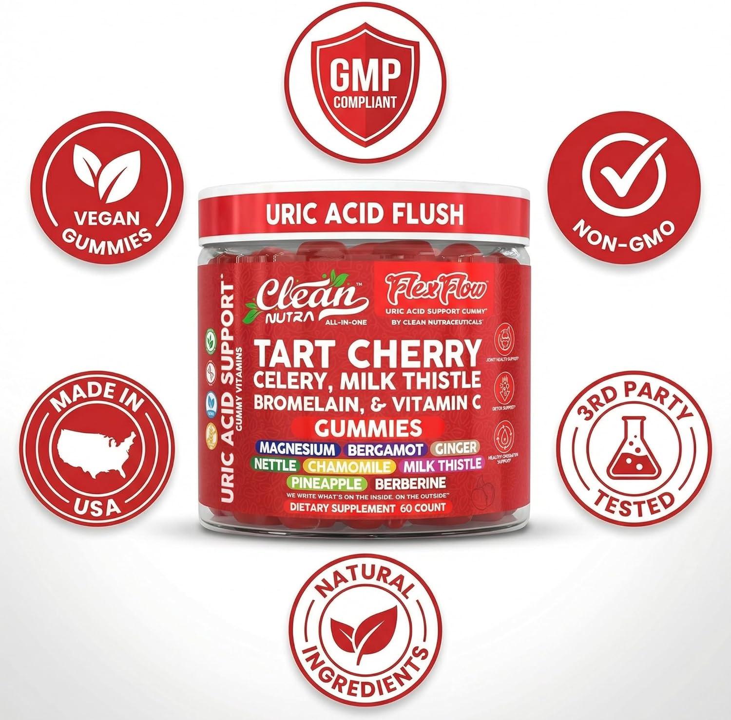 image:imageClean Nutra Tart Cherry Gummies Uric Acid Flush Celery Milk Thistle Bromelain Vitamin C Magnesium Citrus Bergamot Ginger Stinging Nettle Leaf Chamomile Berberine Quercetin Support 60 Gummy Vitamins