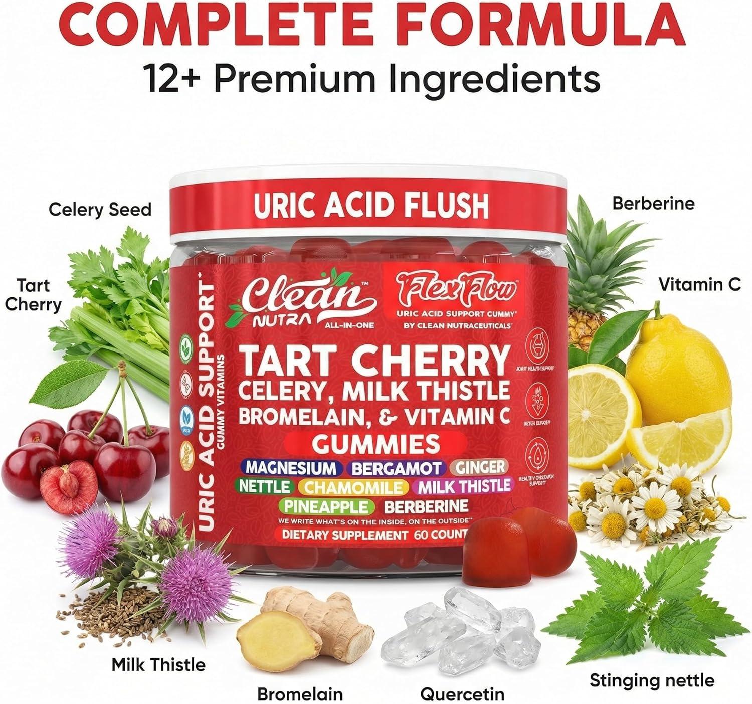 image:imageClean Nutra Tart Cherry Gummies Uric Acid Flush Celery Milk Thistle Bromelain Vitamin C Magnesium Citrus Bergamot Ginger Stinging Nettle Leaf Chamomile Berberine Quercetin Support 60 Gummy Vitamins
