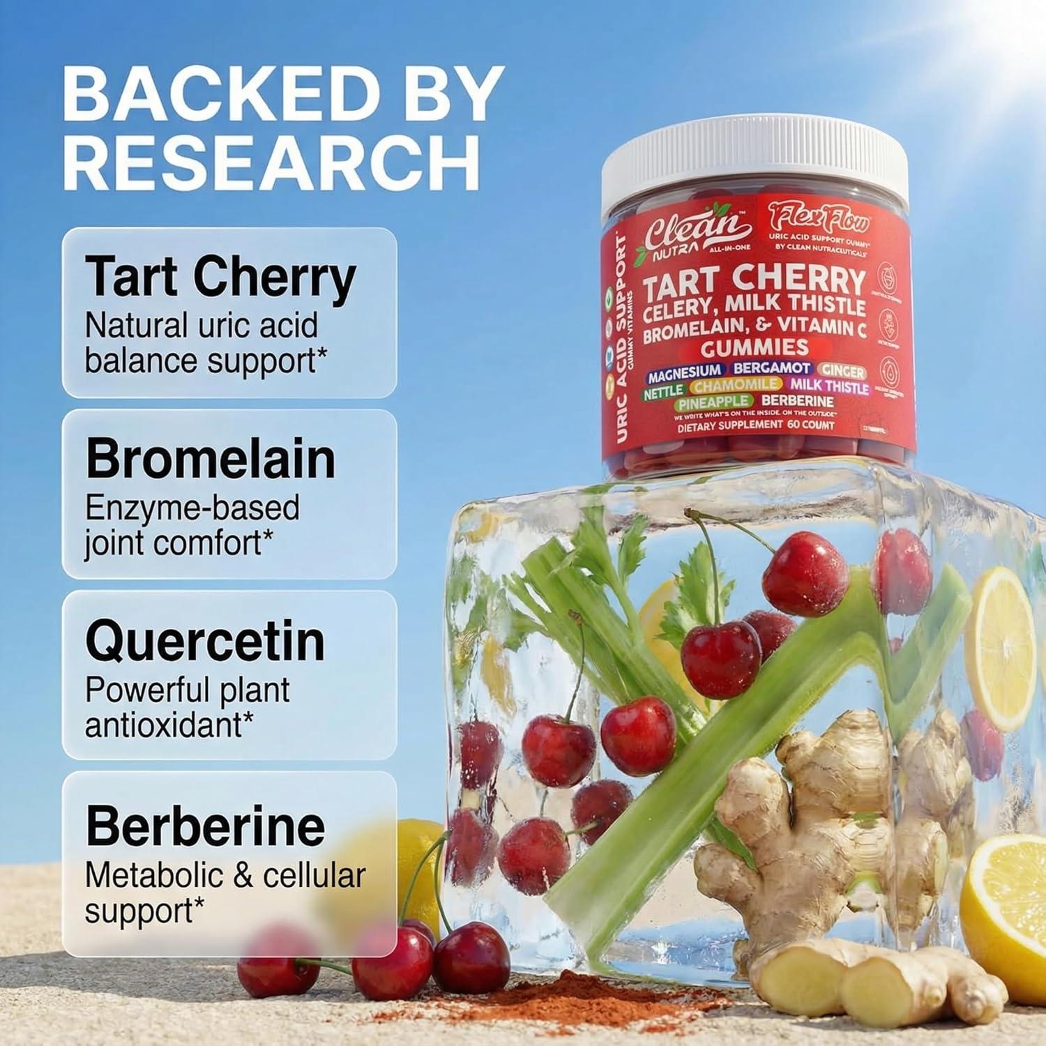 image:imageClean Nutra Tart Cherry Gummies Uric Acid Flush Celery Milk Thistle Bromelain Vitamin C Magnesium Citrus Bergamot Ginger Stinging Nettle Leaf Chamomile Berberine Quercetin Support 60 Gummy Vitamins