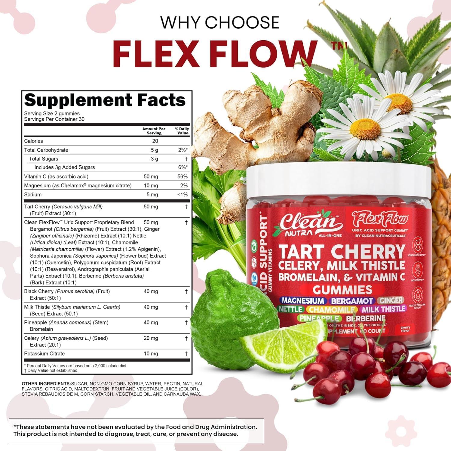 image:imageClean Nutra Tart Cherry Gummies Uric Acid Flush Celery Milk Thistle Bromelain Vitamin C Magnesium Citrus Bergamot Ginger Stinging Nettle Leaf Chamomile Berberine Quercetin Support 60 Gummy Vitamins