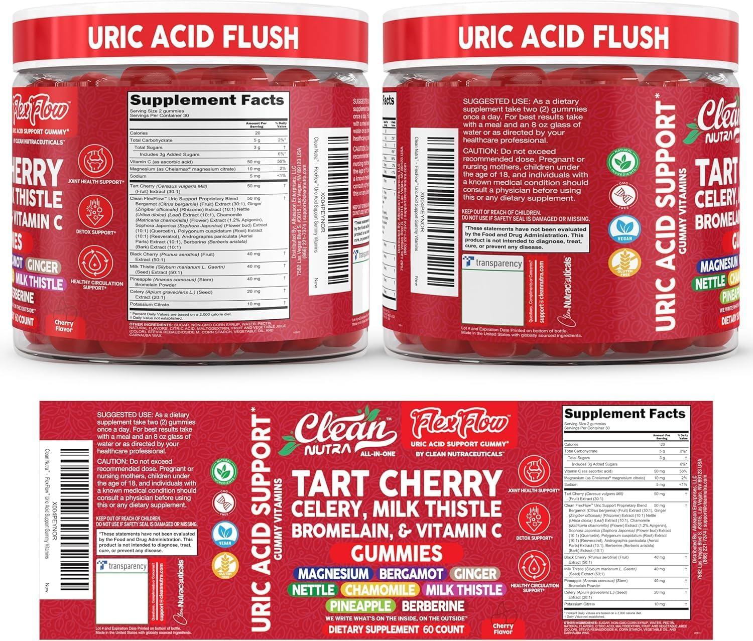 image:imageClean Nutra Tart Cherry Gummies Uric Acid Flush Celery Milk Thistle Bromelain Vitamin C Magnesium Citrus Bergamot Ginger Stinging Nettle Leaf Chamomile Berberine Quercetin Support 60 Gummy Vitamins