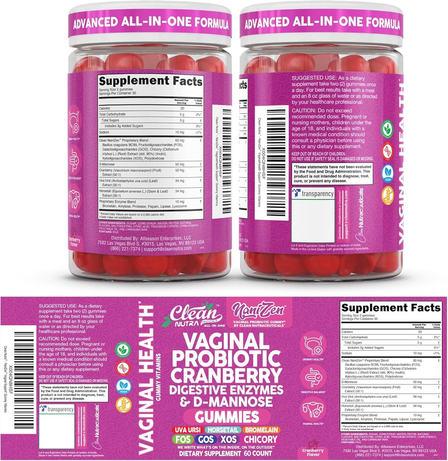 image:imageClean Nutra Vaginal Probiotic Gummies for Women Cranberry Digestive Enzymes D Mannose Womens Probiotic Dmannose Horsetail Bromelain Chicory Fiber Feminine Care Prebiotics Inulin Papaya Enzyme Gummy