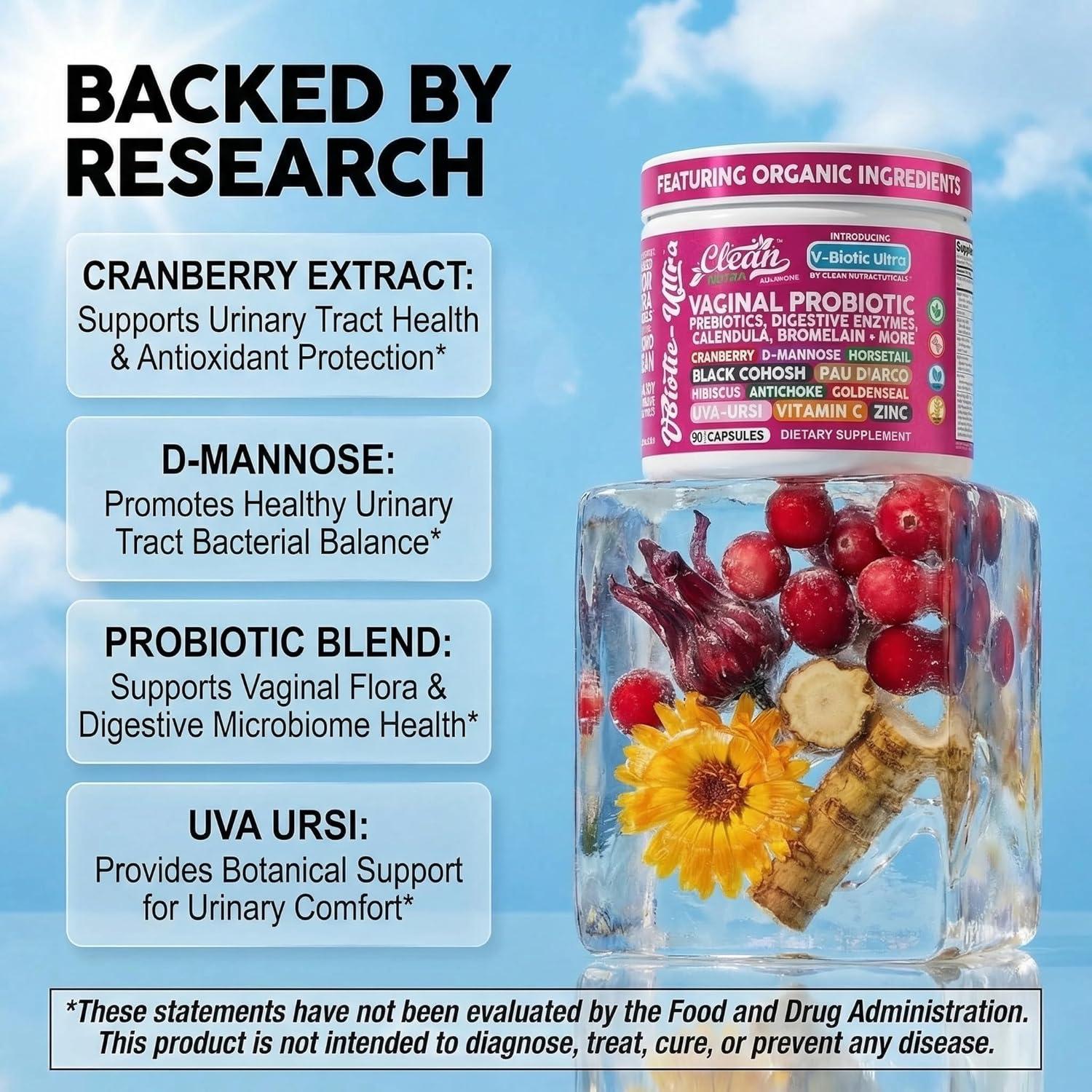 image:imageClean Nutra Vaginal Probiotics for Women Prebiotics Digestive Enzymes Bromelain Cranberry D Mannose Horsetail Black Cohosh Artichoke Hibiscus Flowers Probiotic for Digestive Health 90 Vegan Capsules1