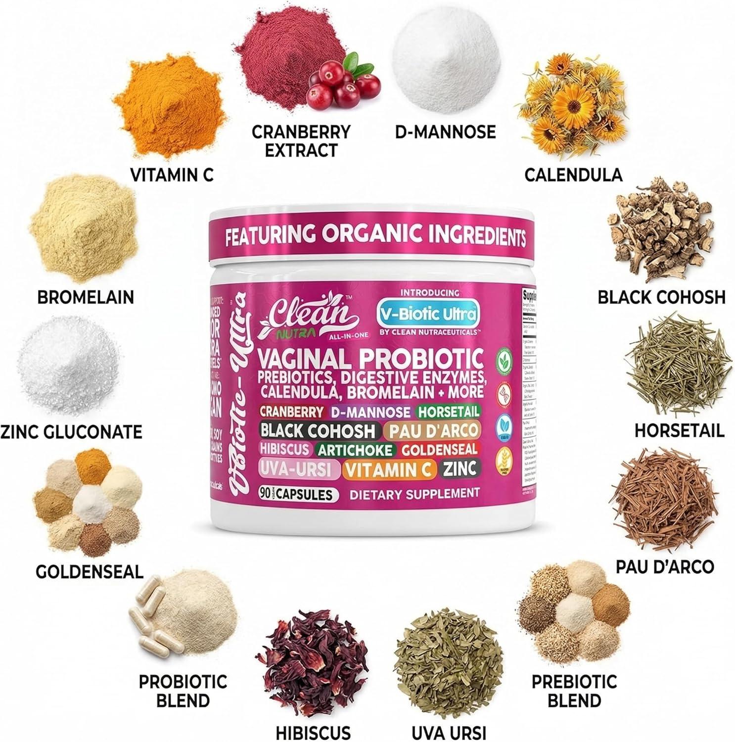 image:imageClean Nutra Vaginal Probiotics for Women Prebiotics Digestive Enzymes Bromelain Cranberry D Mannose Horsetail Black Cohosh Artichoke Hibiscus Flowers Probiotic for Digestive Health 90 Vegan Capsules1