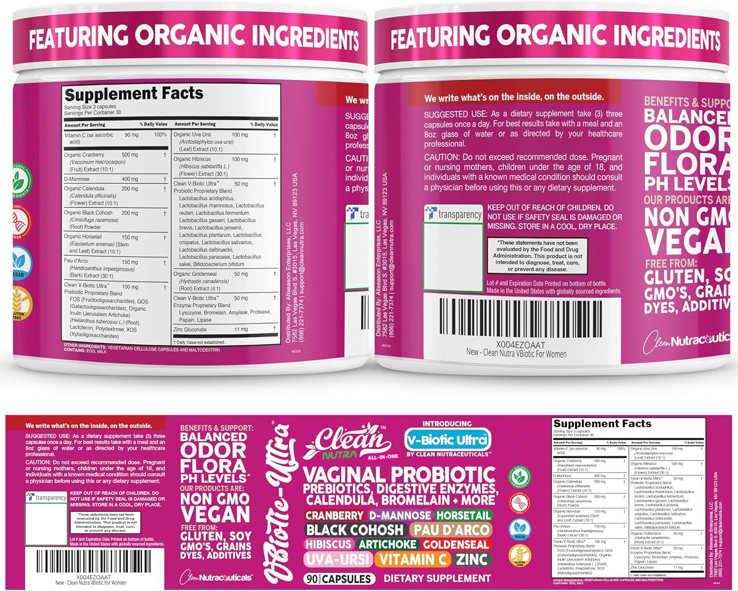 image:imageClean Nutra Vaginal Probiotics for Women Prebiotics Digestive Enzymes Bromelain Cranberry D Mannose Horsetail Black Cohosh Artichoke Hibiscus Flowers Probiotic for Digestive Health 90 Vegan Capsules1