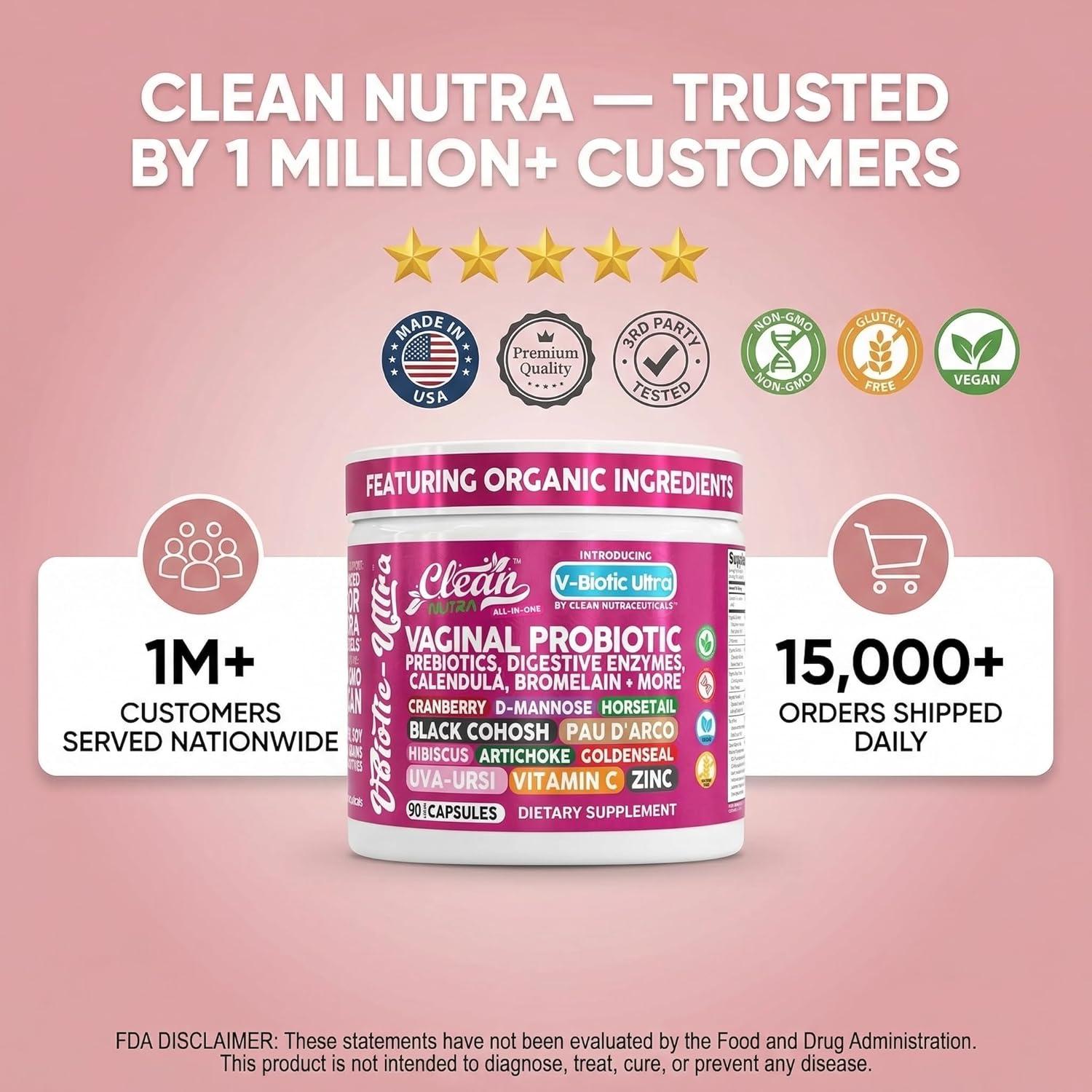 image:imageClean Nutra Vaginal Probiotics for Women Prebiotics Digestive Enzymes Bromelain Cranberry D Mannose Horsetail Black Cohosh Artichoke Hibiscus Flowers Probiotic for Digestive Health 90 Vegan Capsules1