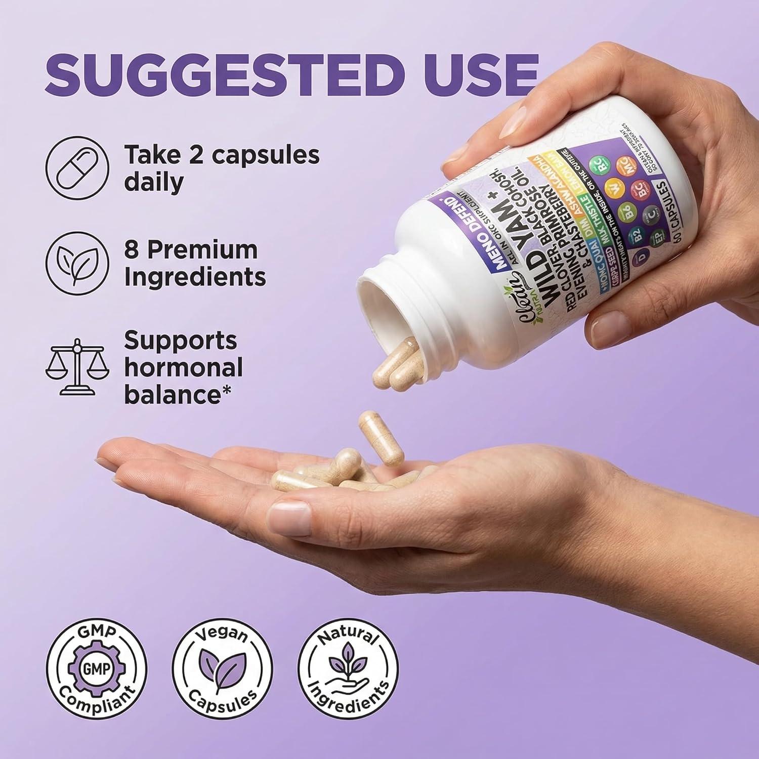 image:imageClean Nutra Wild Yam Root Capsules with Red Clover Black Cohosh Evening Primrose Oil Chasteberry Dong Quai DIM Ashwagandha Grape Seed Extract Milk Thistle Lemon Balm and more Hormone Balance For Women