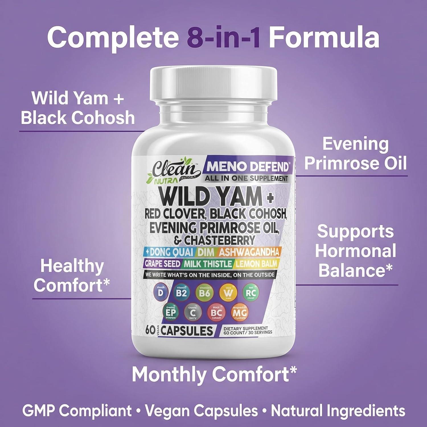 image:imageClean Nutra Wild Yam Root Capsules with Red Clover Black Cohosh Evening Primrose Oil Chasteberry Dong Quai DIM Ashwagandha Grape Seed Extract Milk Thistle Lemon Balm and more Hormone Balance For Women