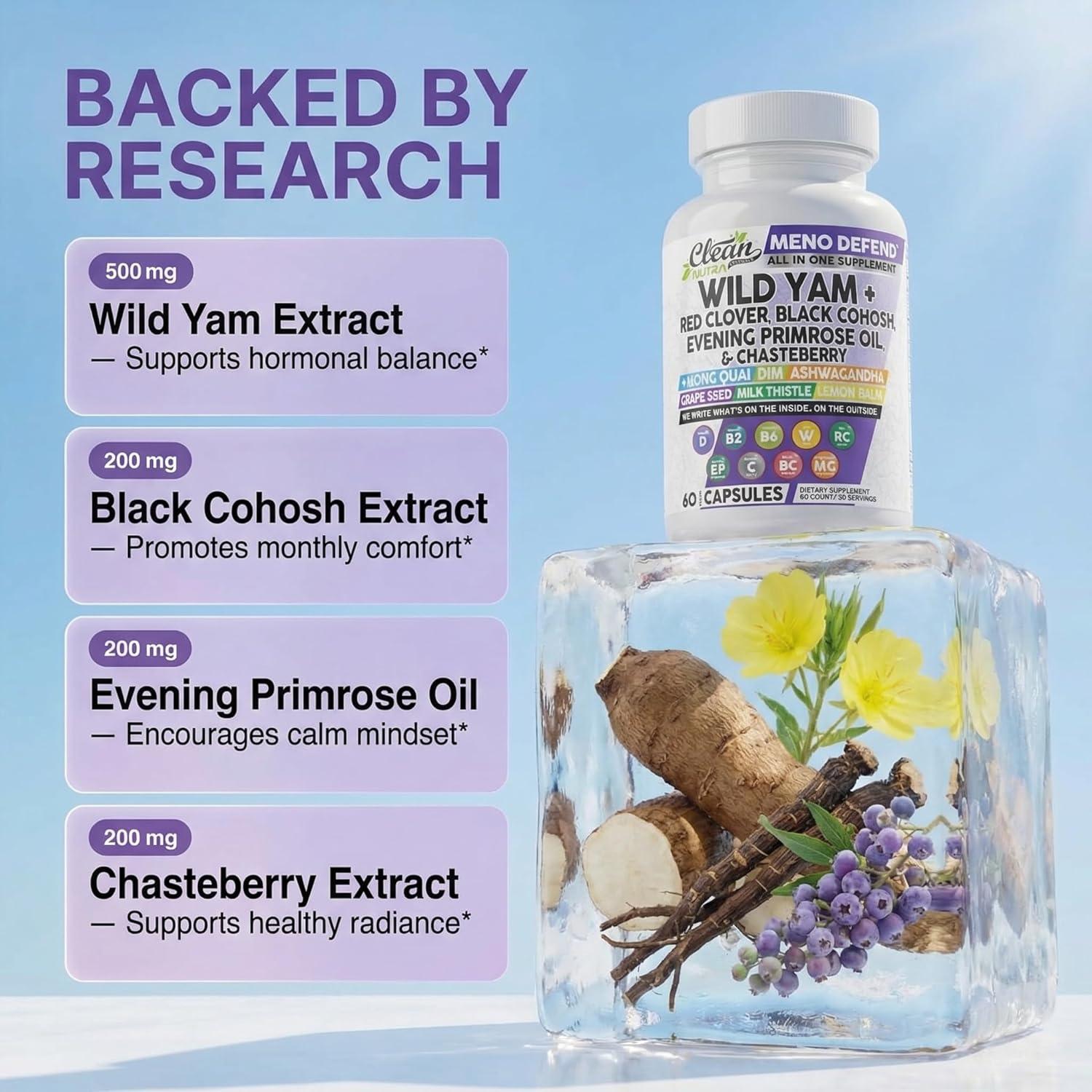 image:imageClean Nutra Wild Yam Root Capsules with Red Clover Black Cohosh Evening Primrose Oil Chasteberry Dong Quai DIM Ashwagandha Grape Seed Extract Milk Thistle Lemon Balm and more Hormone Balance For Women