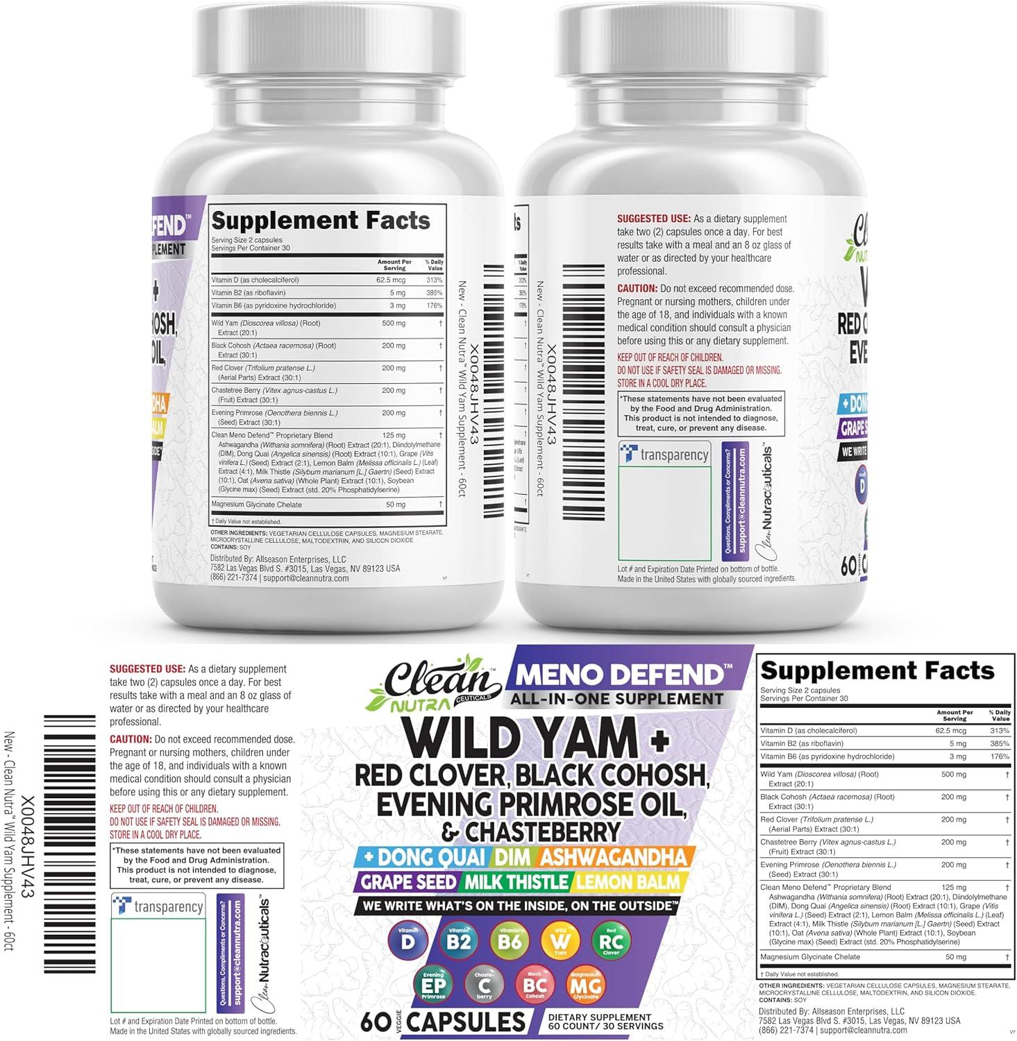 image:imageClean Nutra Wild Yam Root Capsules with Red Clover Black Cohosh Evening Primrose Oil Chasteberry Dong Quai DIM Ashwagandha Grape Seed Extract Milk Thistle Lemon Balm and more Hormone Balance For Women