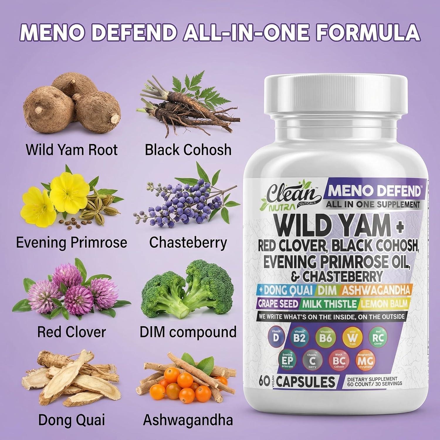 image:imageClean Nutra Wild Yam Root Capsules with Red Clover Black Cohosh Evening Primrose Oil Chasteberry Dong Quai DIM Ashwagandha Grape Seed Extract Milk Thistle Lemon Balm and more Hormone Balance For Women