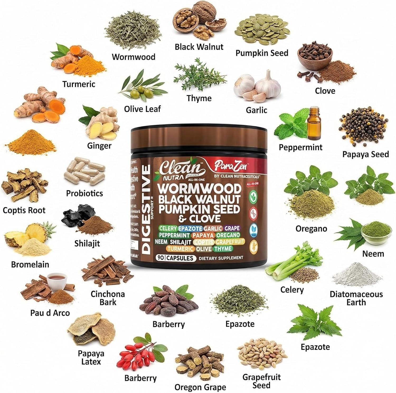 image:imageClean Nutra Wormwood Black Walnut Pumpkin Seed Clove Oil Celery Garlic Grape Papaya Neem Diatomaceous Earth Womens Probiotic Gut Health Cleanse Detox Oregano Olive Turmeric Supplement Vegan Capsules