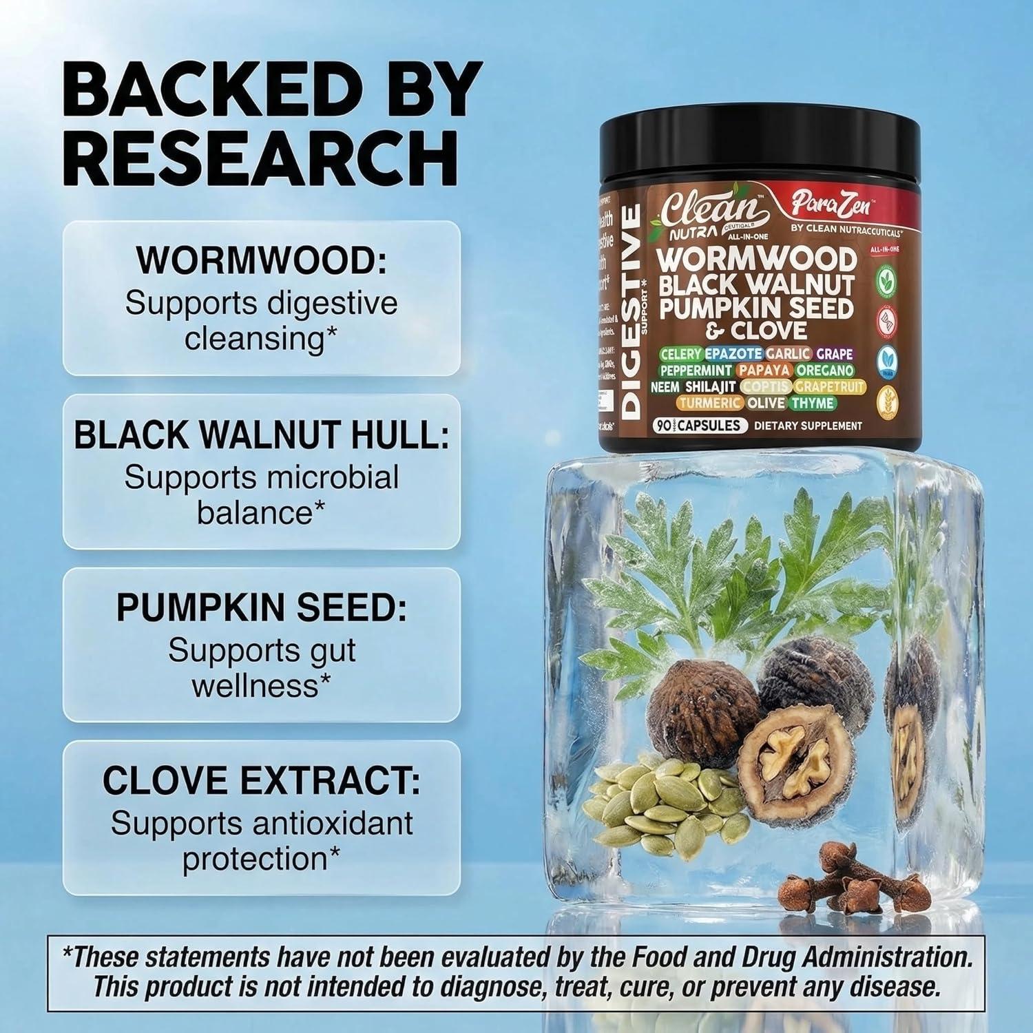 image:imageClean Nutra Wormwood Black Walnut Pumpkin Seed Clove Oil Celery Garlic Grape Papaya Neem Diatomaceous Earth Womens Probiotic Gut Health Cleanse Detox Oregano Olive Turmeric Supplement Vegan Capsules