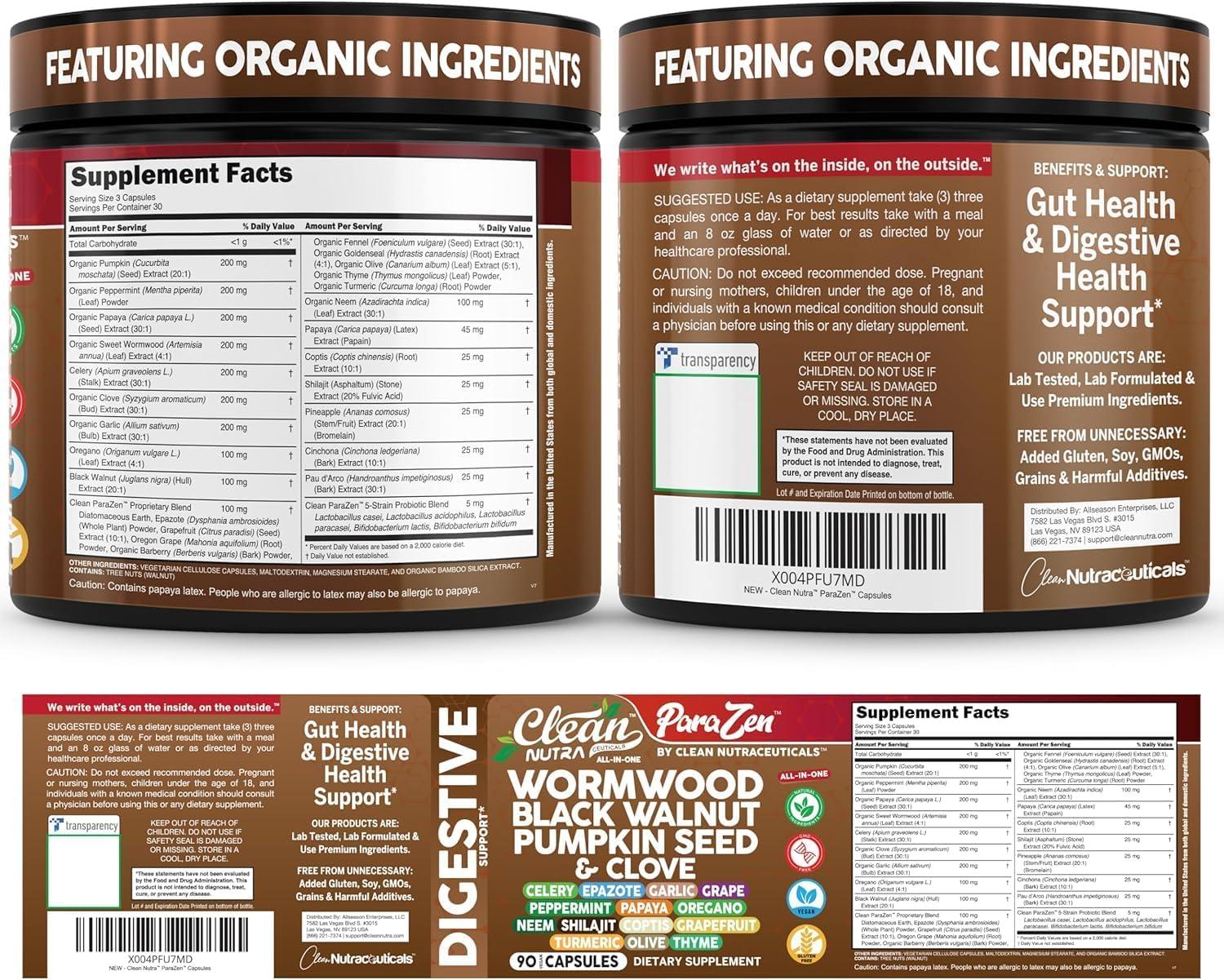 image:imageClean Nutra Wormwood Black Walnut Pumpkin Seed Clove Oil Celery Garlic Grape Papaya Neem Diatomaceous Earth Womens Probiotic Gut Health Cleanse Detox Oregano Olive Turmeric Supplement Vegan Capsules