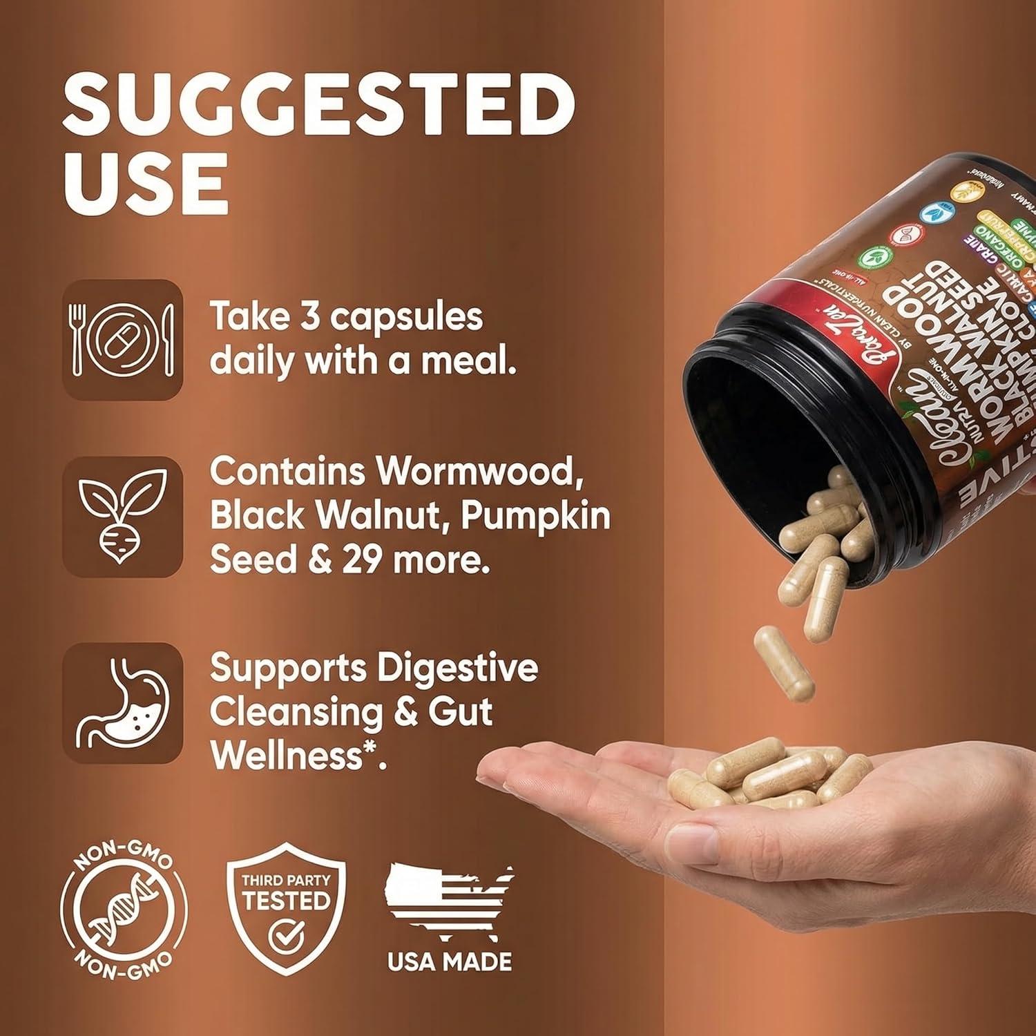 image:imageClean Nutra Wormwood Black Walnut Pumpkin Seed Clove Oil Celery Garlic Grape Papaya Neem Diatomaceous Earth Womens Probiotic Gut Health Cleanse Detox Oregano Olive Turmeric Supplement Vegan Capsules