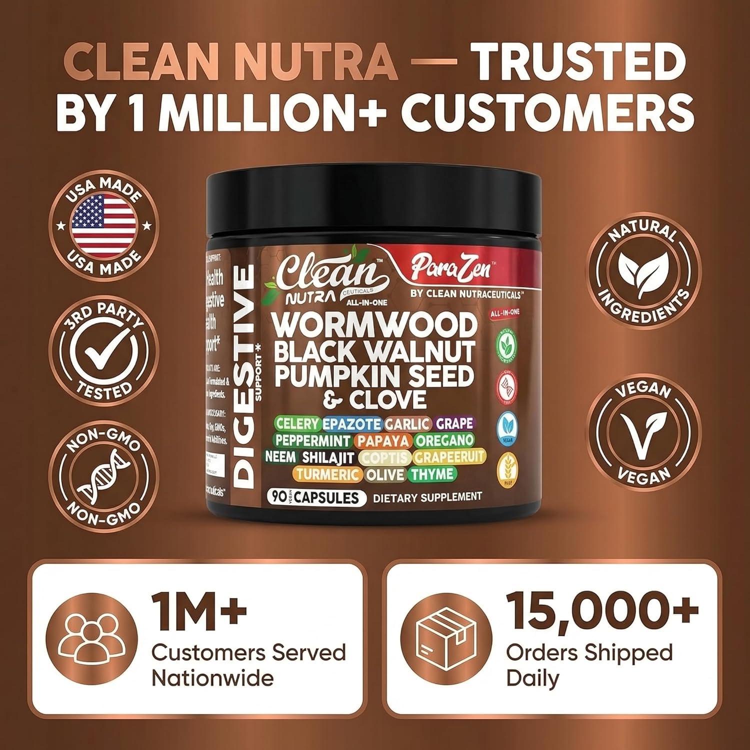 image:imageClean Nutra Wormwood Black Walnut Pumpkin Seed Clove Oil Celery Garlic Grape Papaya Neem Diatomaceous Earth Womens Probiotic Gut Health Cleanse Detox Oregano Olive Turmeric Supplement Vegan Capsules