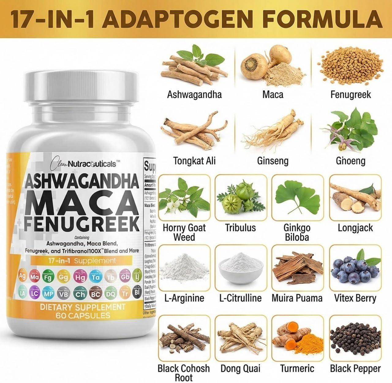 image:imageClean Nutraceuticals Ashwagandha Maca Root Fenugreek Supplement with Tongkat Ali Ginseng Assists with Stress Mood amp Thyroid Ashwagandha Capsules Fenugreek Caps 1 Pack1
