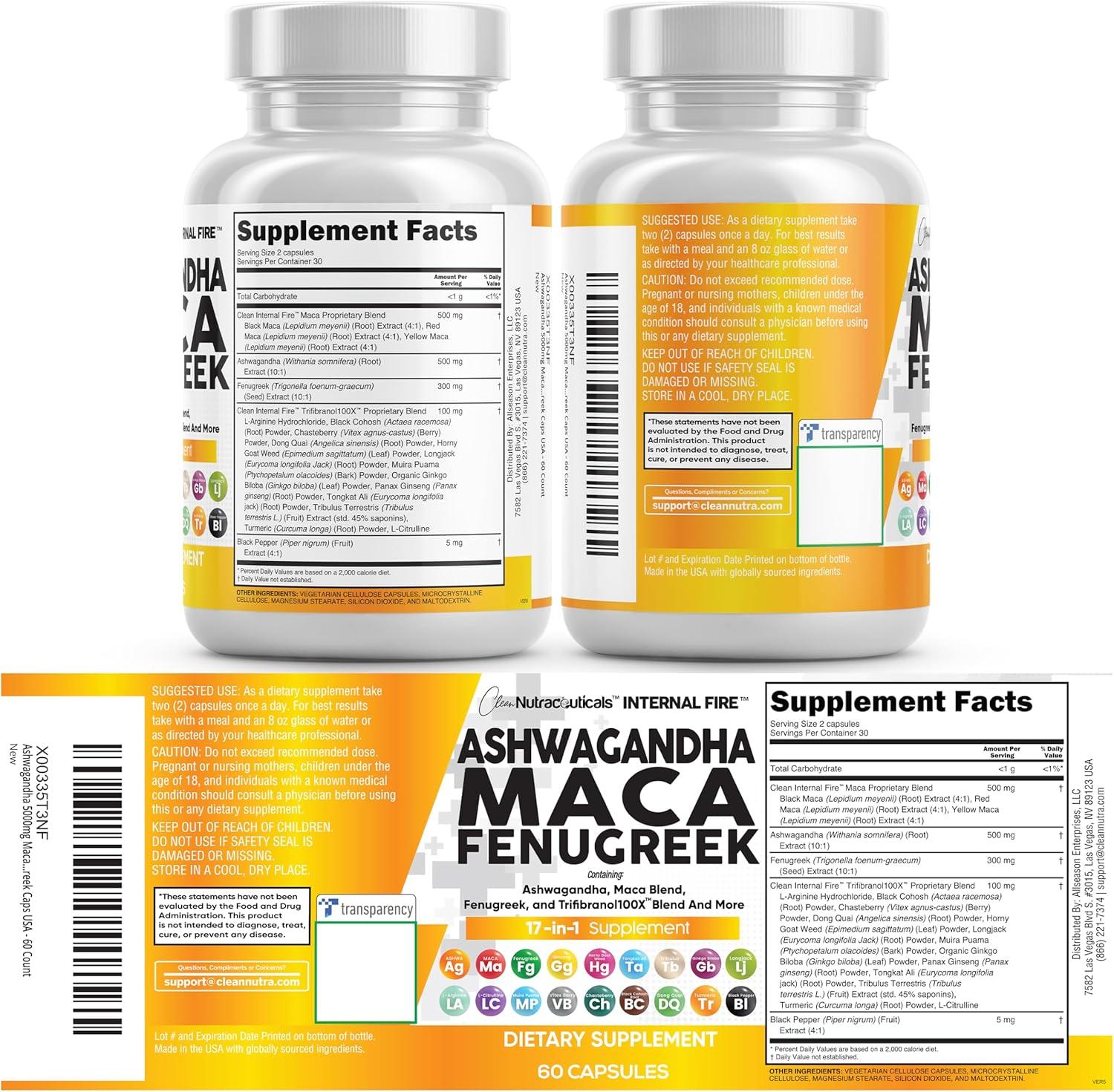 image:imageClean Nutraceuticals Ashwagandha Maca Root Fenugreek Supplement with Tongkat Ali Ginseng Assists with Stress Mood amp Thyroid Ashwagandha Capsules Fenugreek Caps 1 Pack1
