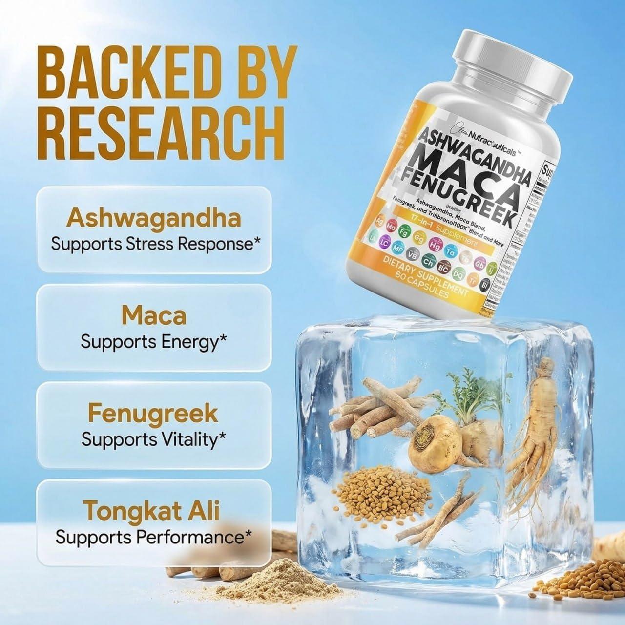 image:imageClean Nutraceuticals Ashwagandha Maca Root Fenugreek Supplement with Tongkat Ali Ginseng Assists with Stress Mood amp Thyroid Ashwagandha Capsules Fenugreek Caps 1 Pack1