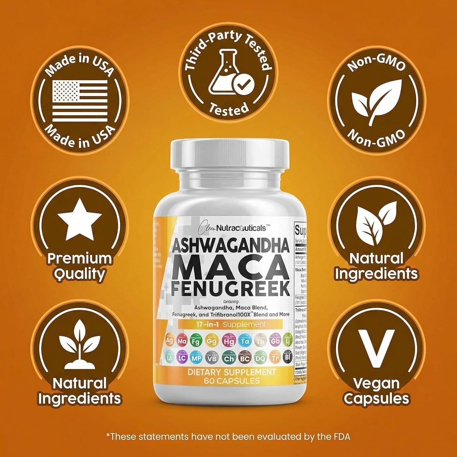 image:imageClean Nutraceuticals Ashwagandha Maca Root Fenugreek Supplement with Tongkat Ali Ginseng Assists with Stress Mood amp Thyroid Ashwagandha Capsules Fenugreek Caps 1 Pack1