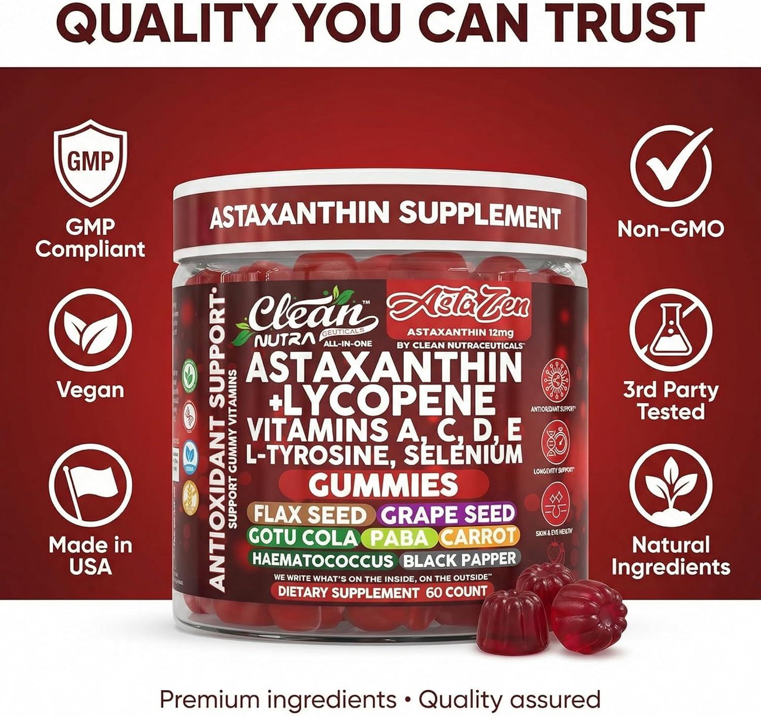 image:imageClean Nutraceuticals AstaZen Astaxanthin Gummies 12mg with Lycopene Vitamins A C D E LTyrosine amp Selenium Antioxidant Support Gummies 60 Count