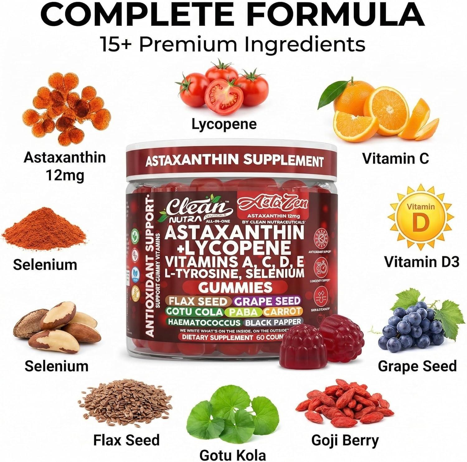 image:imageClean Nutraceuticals AstaZen Astaxanthin Gummies 12mg with Lycopene Vitamins A C D E LTyrosine amp Selenium Antioxidant Support Gummies 60 Count