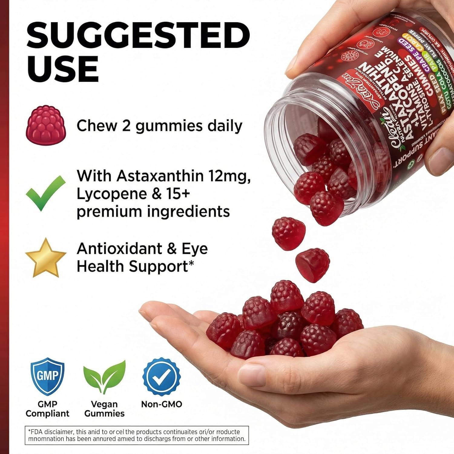 image:imageClean Nutraceuticals AstaZen Astaxanthin Gummies 12mg with Lycopene Vitamins A C D E LTyrosine amp Selenium Antioxidant Support Gummies 60 Count