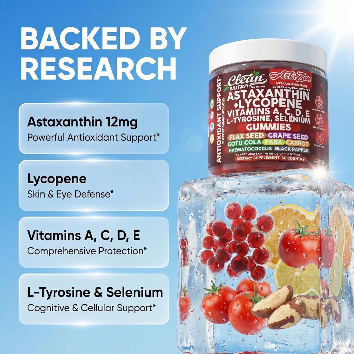 image:imageClean Nutraceuticals AstaZen Astaxanthin Gummies 12mg with Lycopene Vitamins A C D E LTyrosine amp Selenium Antioxidant Support Gummies 60 Count