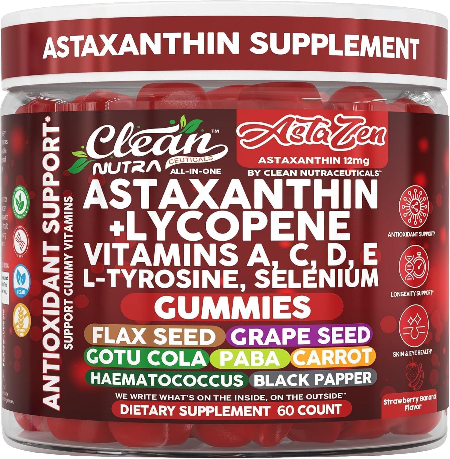 image:imageClean Nutraceuticals AstaZen Astaxanthin Gummies 12mg with Lycopene Vitamins A C D E LTyrosine amp Selenium Antioxidant Support Gummies 60 Count