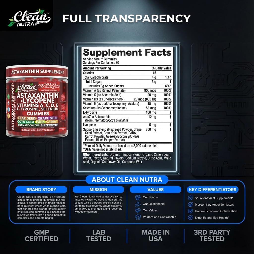 image:imageClean Nutraceuticals AstaZen Astaxanthin Gummies 12mg with Lycopene Vitamins A C D E LTyrosine amp Selenium Antioxidant Support Gummies 60 Count