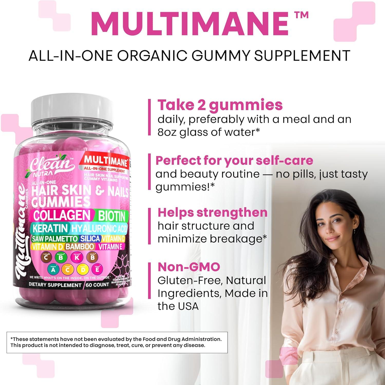 image:imageClean Nutraceuticals Biotin Collagen Keratin Gummies Hair Skin and Nails Vitamins for Women Hyaluronic Acid Bamboo Vitamin A C D3 E Folate with Saw Palmetto Silica B3 B12 Vegan Gummy5